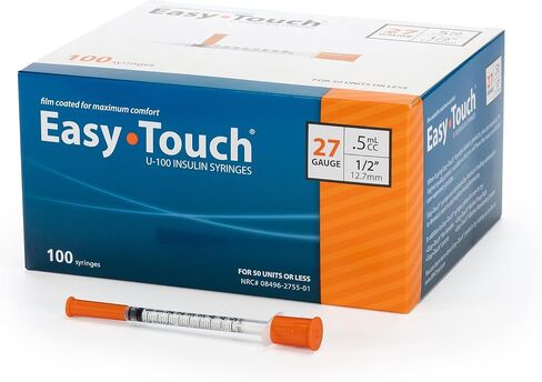 Easy Touch 27 Gauge U-100 Insulin Syringes (27G 0.5cc 1/2") with 1/2" Long Needle, 0.5cc (50 Unit Capacity), Bold Markings for Accurate Dosing, Disposable, Box of 100 in Kuwait
