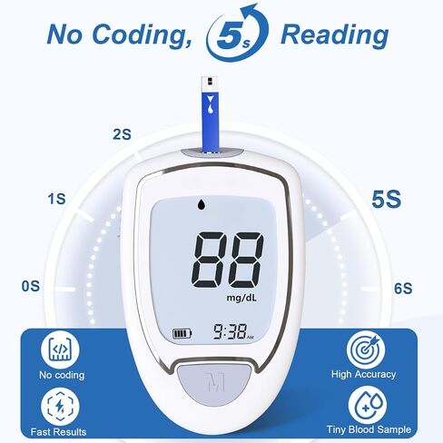 Blood Glucose Monitor, Glucometer Kit with 100 Strips and Lancets, Diabetic Testing Kit with Auto Eject, No Coding, Large Display for Seniors, Blood Sugar Testing Kit for Travel & Home Use in Saudi Arabia