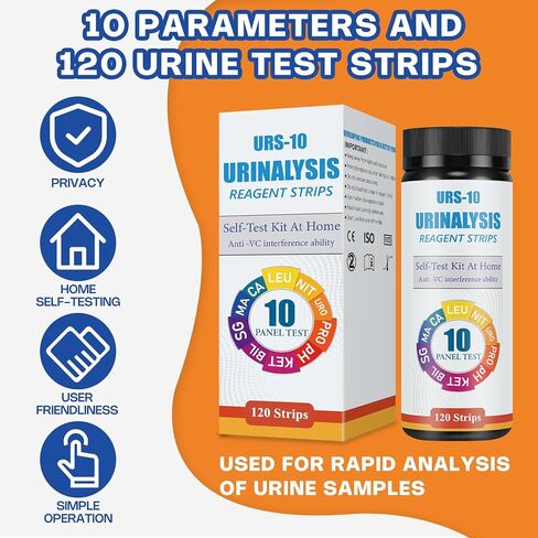 Urinalysis Test Strips - 120 CT | 10-in-1 Comprehensive Urinalysis for Microalbumin, Calcium, PRO, URO, NIT, LEU, SG, BIL, KET, pH | Home Urine Test Strips for Urinary Tract Infections in Kuwait