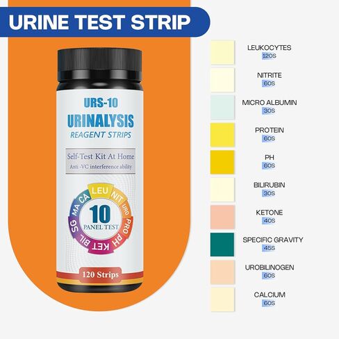 Urinalysis Test Strips - 120 CT | 10-in-1 Comprehensive Urinalysis for Microalbumin, Calcium, PRO, URO, NIT, LEU, SG, BIL, KET, pH | Home Urine Test Strips for Urinary Tract Infections in Kuwait