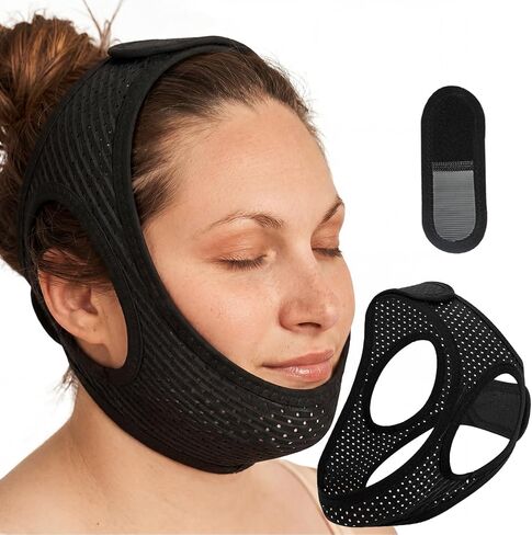 أجهزة توقف التنفس أثناء النوم - حزام الذقن للنوم، حزام الفك لتدفق الهواء، حل فعال لمكافحة الشخير للرجال والنساء، أجهزة مضادة للشخير قابلة للتنفس وقابلة لإعادة الاستخدام (أسود و54 سم وقطعة واحدة) in Kuwait