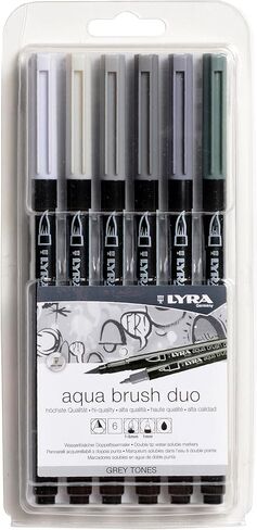 Lyra Aqua Brush Duo Brush Markers - Set of 6 Water-Based Brush Pens for Artists of All Ages - Dual Tip Markers for Fine Details and Wide Strokes - Durable Coloring Markers for Blending Effects in Kuwait