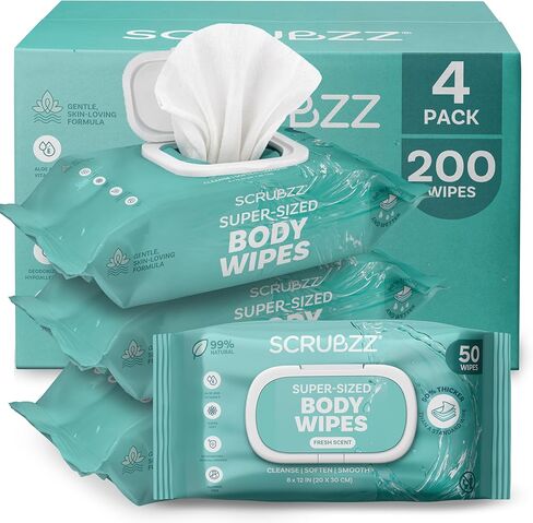 Adult Body Bathing & Incontinence Wipes, Extra Large 8" x 12" No Rinse Body Cleansing Cloths – Disposable Washcloths for Elderly Care, Bed Bathing & Daily Hygiene - 200 Count in Kuwait