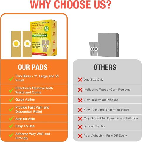 Samsali Wart Corn Remover Pads for Feet: 42 Pack 40% Salicylic Acid Extra Strength Bandages for Plantar Warts Corns Small Callus on Feet Hands Toes - Safe Effective Treatment for Adults Teens in Kuwait