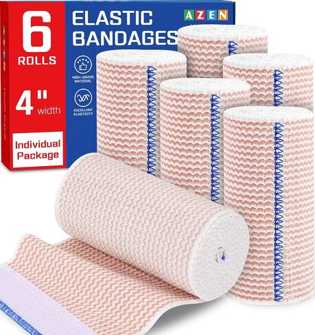 AZEN Premium 6 Pack Elastic Bandage Wrap 4 Inch, Compression Wrap Bandage for Legs, Lymphedema Wraps for Legs, Ankle, Knee, Tummy, Body, Latex-Free in Kuwait