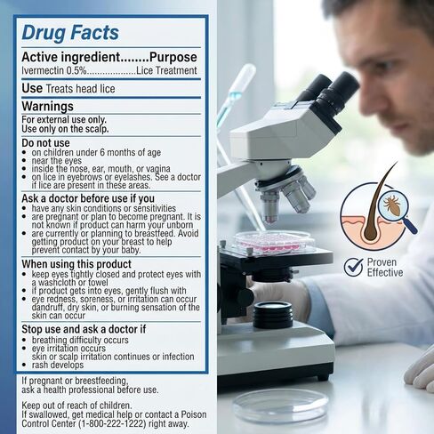 Ivermectin Lotion 0.5% Lice Treatment (4 Fl Oz) Fast-Acting 10-Minute Single Use, Solution for Head Lice & Eggs, No Nit Combing Required, Adults & Kids 6 Months+ in Kuwait