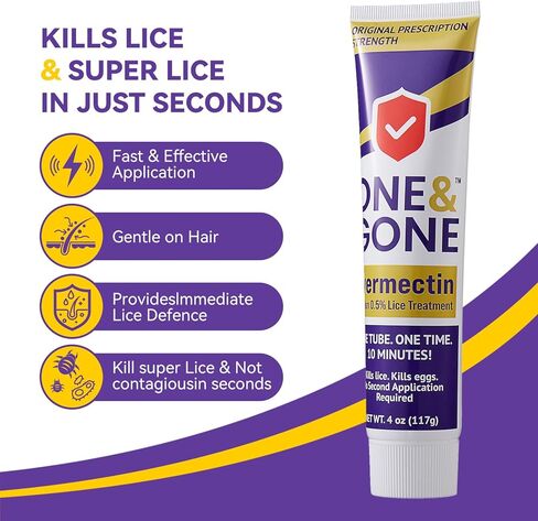 One&Gone Ivermectin Lotion 0.5% (4 oz) – Fast-Acting 10-Minute Head Lice Treatment | Kills Lice & Eggs in One Application, No Nit Combing Required, Prescription Strength for Adults & Kids 6 Months+ in Kuwait