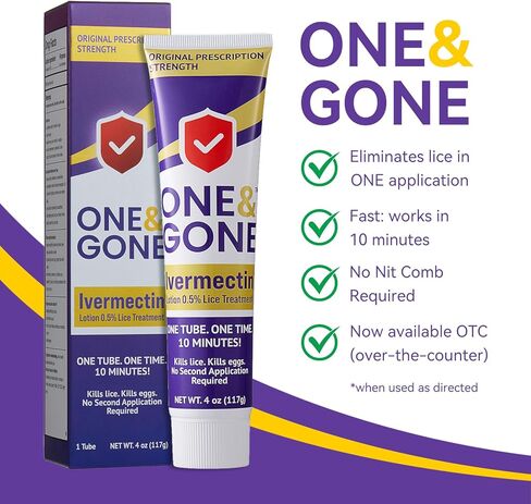 One&Gone Ivermectin Lotion 0.5% (4 oz) – Fast-Acting 10-Minute Head Lice Treatment | Kills Lice & Eggs in One Application, No Nit Combing Required, Prescription Strength for Adults & Kids 6 Months+ in Kuwait