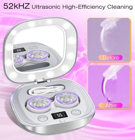 2026 New Ultrasonic Contact Lens Cleaner 52kHZ - Contact Lens Cleaner Machine with 3 Smart Modes & Lighted Makeup Mirror - Portable Soft Contact Lens Cleaning Machine Ideal for Home and Travel in Saudi Arabia