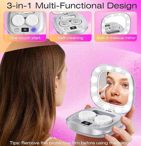 2026 New Ultrasonic Contact Lens Cleaner 52kHZ - Contact Lens Cleaner Machine with 3 Smart Modes & Lighted Makeup Mirror - Portable Soft Contact Lens Cleaning Machine Ideal for Home and Travel in Saudi Arabia