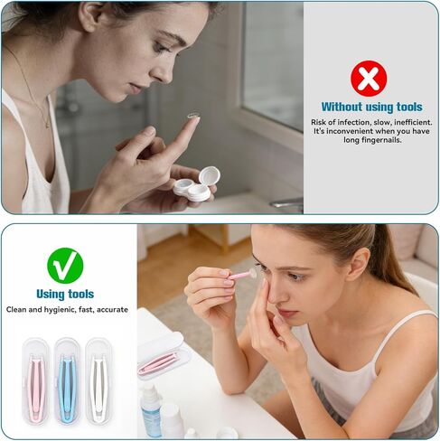 3Pcs soft Contact Lens Remover Tool Set – Silicone Suction Stick, Soft-Tip Contact Tweezers & box, contact remover tool for soft contacts & colored contacts, Travel-Friendly (pink, white, blue) in Kuwait
