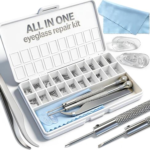طقم إصلاح النظارات مع 18 براغي مقاسات، ومفكات براغي دقيقة 1.4 مم، وملقط، ووسادات أنف وقماش - طقم إصلاح زجاج العين المدمج لجميع أنواع النظارات in Kuwait