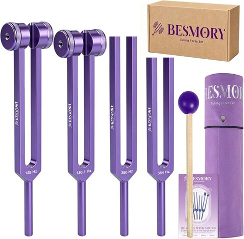 مجموعة شوكات ضبط للشفاء - تتضمن 4 شوكات ضبط تردد (128 هرتز، 136.1 هرتز، 256 هرتز، 384 هرتز) ومطرقة عاكسة، وأدوات معالجة الصوت لعلاج صوت الشاكرا، وملحقات اليوغا والتأمل in Kuwait