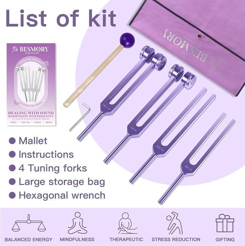 مجموعة شوكات ضبط للشفاء - تتضمن 4 شوكات ضبط تردد (128 هرتز، 136.1 هرتز، 256 هرتز، 384 هرتز) ومطرقة عاكسة، وأدوات معالجة الصوت لعلاج صوت الشاكرا، وملحقات اليوغا والتأمل in Kuwait