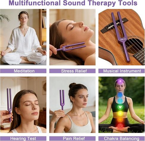 مجموعة شوكات ضبط للشفاء - تتضمن 4 شوكات ضبط تردد (128 هرتز، 136.1 هرتز، 256 هرتز، 384 هرتز) ومطرقة عاكسة، وأدوات معالجة الصوت لعلاج صوت الشاكرا، وملحقات اليوغا والتأمل in Kuwait