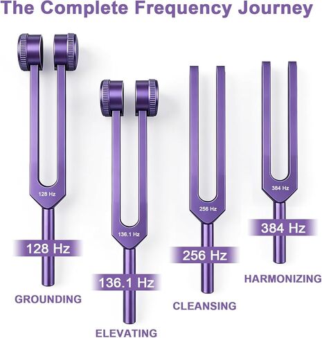 مجموعة شوكات ضبط للشفاء - تتضمن 4 شوكات ضبط تردد (128 هرتز، 136.1 هرتز، 256 هرتز، 384 هرتز) ومطرقة عاكسة، وأدوات معالجة الصوت لعلاج صوت الشاكرا، وملحقات اليوغا والتأمل in Kuwait