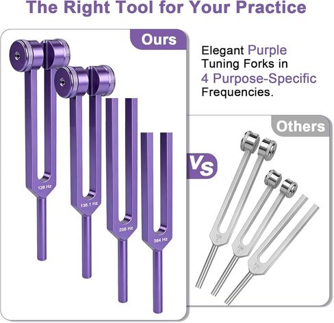 مجموعة شوكات ضبط للشفاء - تتضمن 4 شوكات ضبط تردد (128 هرتز، 136.1 هرتز، 256 هرتز، 384 هرتز) ومطرقة عاكسة، وأدوات معالجة الصوت لعلاج صوت الشاكرا، وملحقات اليوغا والتأمل in Kuwait