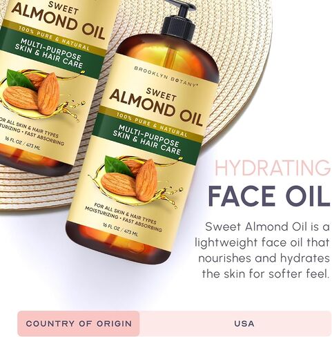 Brooklyn Botany Sweet Almond Oil | for Skin, Hair and Face | 16 Fl Oz | 100% Pure and Natural | Carrier Oil for Essential Oils, Aromatherapy and Massage | Hexane Free in Kuwait