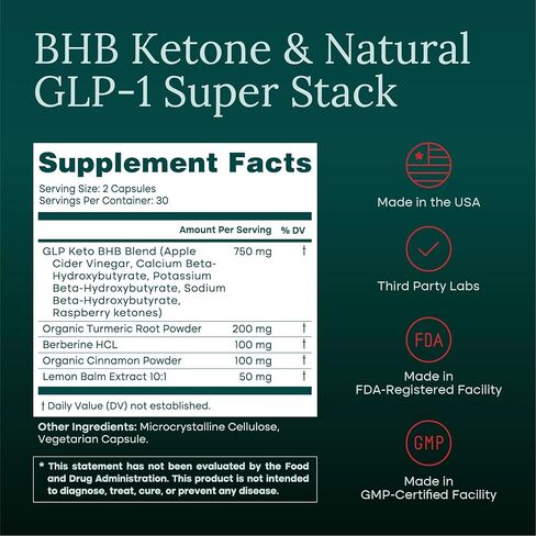Ketosis & GLP-1 Supplement Weight Loss for Women and Men - Appetite Suppressant, Fat Burner and Metabolic Health with BHB Ketones, Apple Cider Vinegar, Berberine HCL, Turmeric, Cinnamon - Made in USA in Kuwait