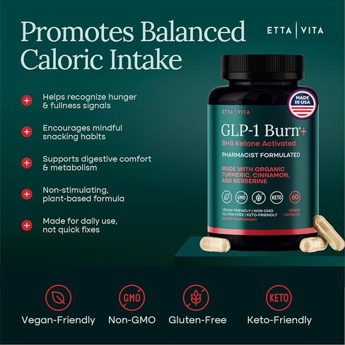 Ketosis & GLP-1 Supplement Weight Loss for Women and Men - Appetite Suppressant, Fat Burner and Metabolic Health with BHB Ketones, Apple Cider Vinegar, Berberine HCL, Turmeric, Cinnamon - Made in USA in Kuwait