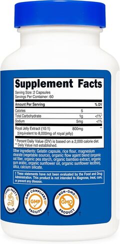 120 كبسولة من Nutricost Royal Jelly تكفي لـ 60 وجبة - مستخلص غذاء ملكات النحل، خالي من الكائنات المعدلة وراثيًا، وخالي من الغلوتين in Kuwait