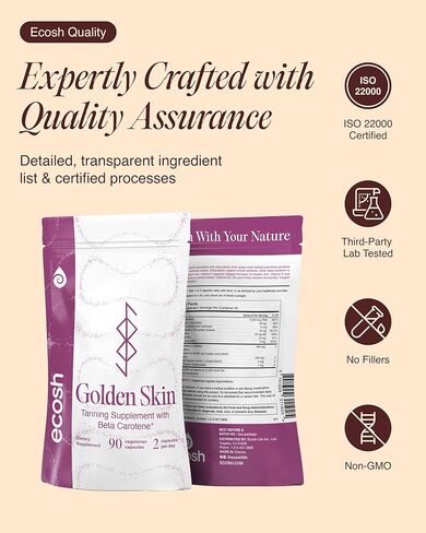 مكمل تسمير البشرة الذهبي من إيكوش للنساء والرجال - حبوب تسمير البشرة القوية مع البيتا كاروتين واللوتين والتيروزين لصحة البشرة | مكمل طبيعي مضاد للأكسدة وفيتامينات تسمير البشرة | 90 كبسولة in Kuwait
