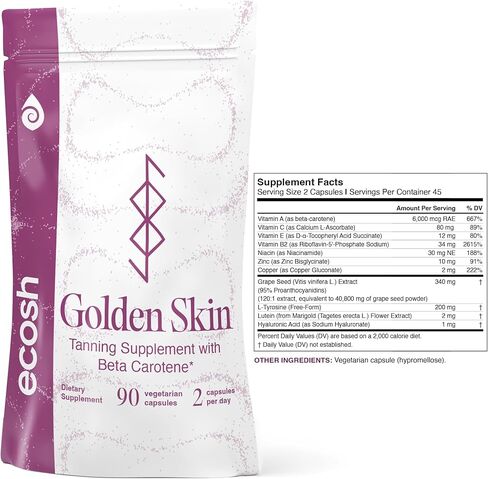 مكمل تسمير البشرة الذهبي من إيكوش للنساء والرجال - حبوب تسمير البشرة القوية مع البيتا كاروتين واللوتين والتيروزين لصحة البشرة | مكمل طبيعي مضاد للأكسدة وفيتامينات تسمير البشرة | 90 كبسولة in Kuwait