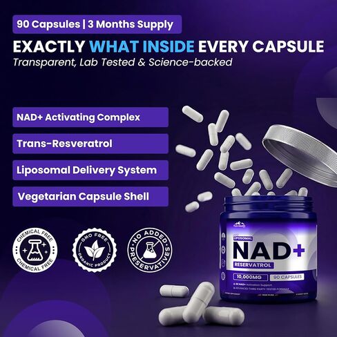 PHM NAD Resveratrol Supplement - 10,000mg Extra Strength | NAD+ Liposomal Supplements for Men and Women | NMN & NMNH Alternative | 90 Capsules, 1.5 Months Supply in Kuwait