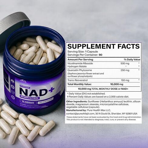 PHM NAD Resveratrol Supplement - 10,000mg Extra Strength | NAD+ Liposomal Supplements for Men and Women | NMN & NMNH Alternative | 90 Capsules, 1.5 Months Supply in Kuwait