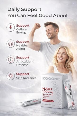 Zooone- NAD+ مكمل 30 قطعة، نيكوتيناميد ريبوسيد وريسفيراترول ممتاز، إصلاح الحمض النووي والشيخوخة الصحية، مكمل NAD المتقدم للرجال والنساء، يعزز الطاقة الخلوية. in Kuwait