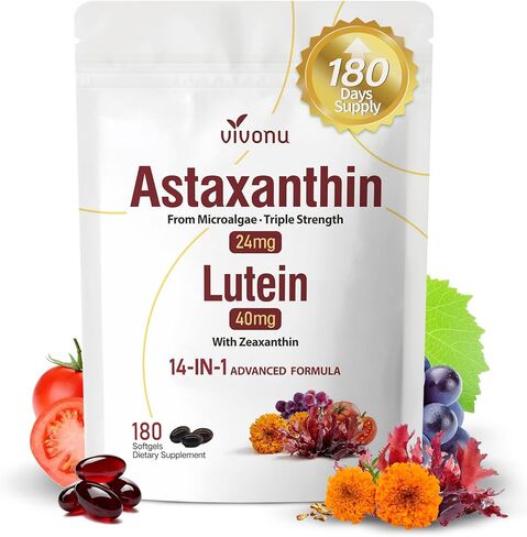 VivoNu 14-in-1 Astaxanthin 24mg & Lutein 40mg with Zeaxanthin Supplements, 6 Month Supply, Fresh Microalgae Source, Gluten Free Non-GMO, Supports Eye, Skin, Antioxidant, 180 Softgels, 1 Bag in Kuwait