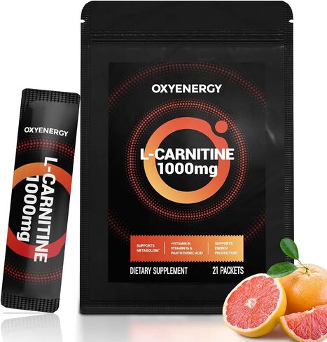 مكمل أوكسي إنرجي السائل ل-كارنيتين 1000 ملجم - لطيف للاستخدام اليومي، خالي من السعرات الحرارية، خالي من السكر، خالي من المحفزات لحرق الدهون وتعزيز القدرة على التحمل، 21 عصا سائلة فردية أثناء التنقل in Kuwait