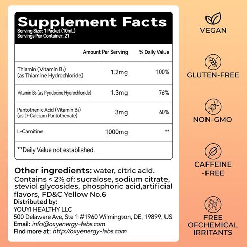 مكمل أوكسي إنرجي السائل ل-كارنيتين 1000 ملجم - لطيف للاستخدام اليومي، خالي من السعرات الحرارية، خالي من السكر، خالي من المحفزات لحرق الدهون وتعزيز القدرة على التحمل، 21 عصا سائلة فردية أثناء التنقل in Kuwait