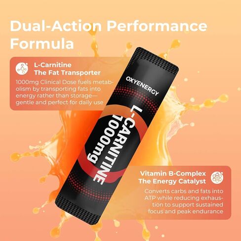 مكمل أوكسي إنرجي السائل ل-كارنيتين 1000 ملجم - لطيف للاستخدام اليومي، خالي من السعرات الحرارية، خالي من السكر، خالي من المحفزات لحرق الدهون وتعزيز القدرة على التحمل، 21 عصا سائلة فردية أثناء التنقل in Kuwait