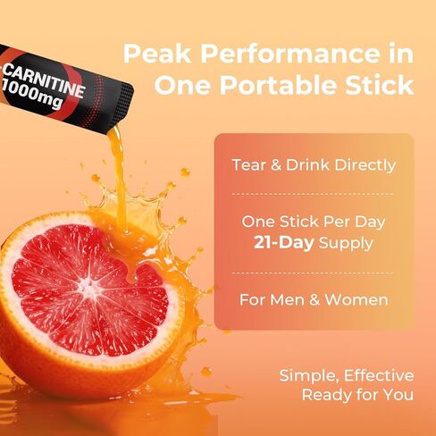 مكمل أوكسي إنرجي السائل ل-كارنيتين 1000 ملجم - لطيف للاستخدام اليومي، خالي من السعرات الحرارية، خالي من السكر، خالي من المحفزات لحرق الدهون وتعزيز القدرة على التحمل، 21 عصا سائلة فردية أثناء التنقل in Kuwait