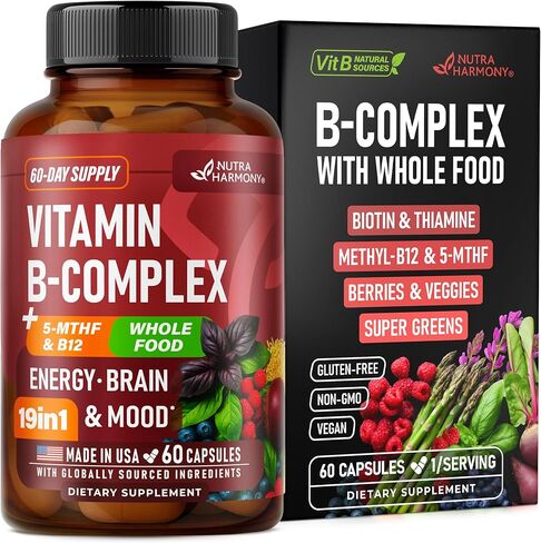 Vitamin B Complex - B1 | B2 | B3 | B5 | B6 | Biotin | B12 | 5-MTHF - Astragalus & Whole Food Blend - Energy, Metabolism & Brain - Vitamins B for Women & Men - Made in USA - 60 Capsules, 60 Days Supply in Saudi Arabia