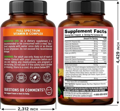 Vitamin B Complex - B1 | B2 | B3 | B5 | B6 | Biotin | B12 | 5-MTHF - Astragalus & Whole Food Blend - Energy, Metabolism & Brain - Vitamins B for Women & Men - Made in USA - 60 Capsules, 60 Days Supply in Saudi Arabia