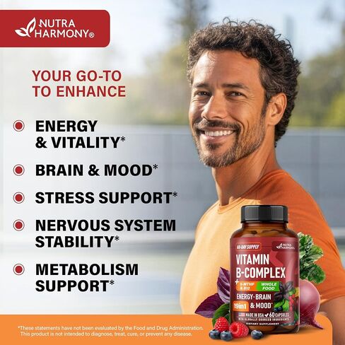 Vitamin B Complex - B1 | B2 | B3 | B5 | B6 | Biotin | B12 | 5-MTHF - Astragalus & Whole Food Blend - Energy, Metabolism & Brain - Vitamins B for Women & Men - Made in USA - 60 Capsules, 60 Days Supply in Saudi Arabia