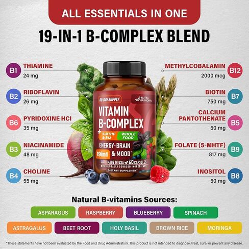 Vitamin B Complex - B1 | B2 | B3 | B5 | B6 | Biotin | B12 | 5-MTHF - Astragalus & Whole Food Blend - Energy, Metabolism & Brain - Vitamins B for Women & Men - Made in USA - 60 Capsules, 60 Days Supply in Saudi Arabia