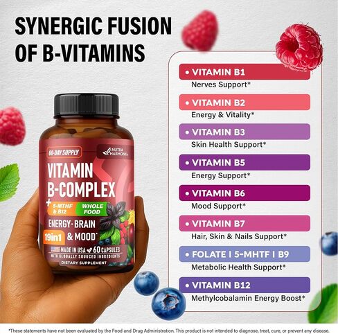 Vitamin B Complex - B1 | B2 | B3 | B5 | B6 | Biotin | B12 | 5-MTHF - Astragalus & Whole Food Blend - Energy, Metabolism & Brain - Vitamins B for Women & Men - Made in USA - 60 Capsules, 60 Days Supply in Saudi Arabia