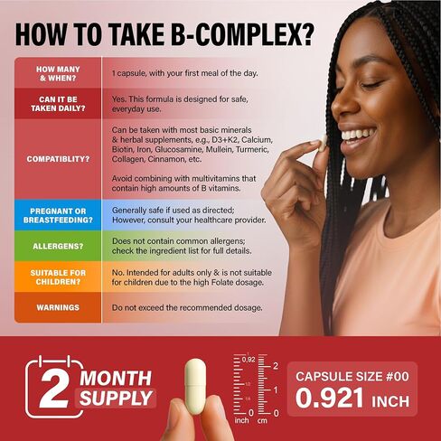 Vitamin B Complex - B1 | B2 | B3 | B5 | B6 | Biotin | B12 | 5-MTHF - Astragalus & Whole Food Blend - Energy, Metabolism & Brain - Vitamins B for Women & Men - Made in USA - 60 Capsules, 60 Days Supply in Saudi Arabia