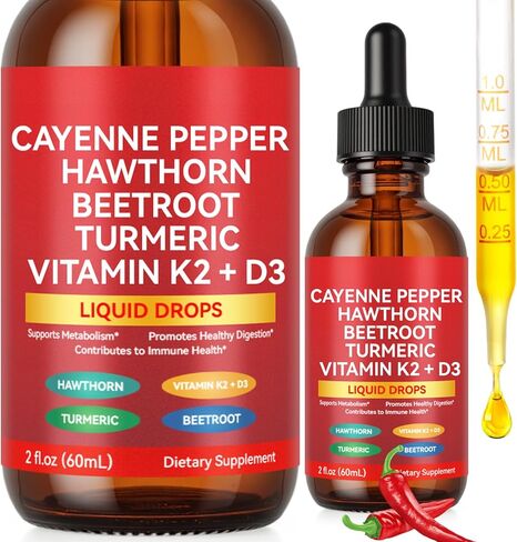 Cayenne Pepper Drops, Liquid Cayenne Pepper Organic, Cayenne Health Supplements, Cayenne Pepper Hawthorn Beet Root Turmeric Curcumin, Vitamin K2 & D3, Vegan-Friendly- 2 Fl Oz in Kuwait