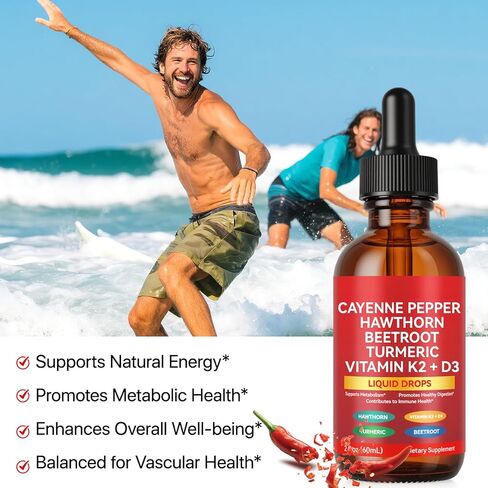 Cayenne Pepper Drops, Liquid Cayenne Pepper Organic, Cayenne Health Supplements, Cayenne Pepper Hawthorn Beet Root Turmeric Curcumin, Vitamin K2 & D3, Vegan-Friendly- 2 Fl Oz in Kuwait