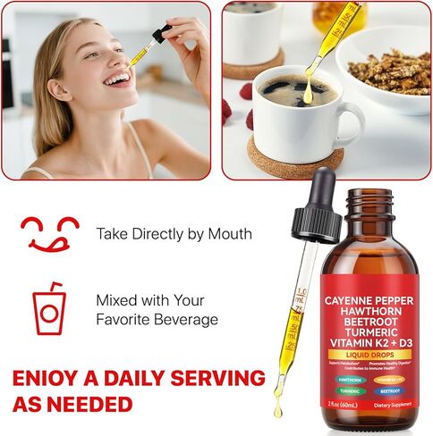 Cayenne Pepper Drops, Liquid Cayenne Pepper Organic, Cayenne Health Supplements, Cayenne Pepper Hawthorn Beet Root Turmeric Curcumin, Vitamin K2 & D3, Vegan-Friendly- 2 Fl Oz in Kuwait