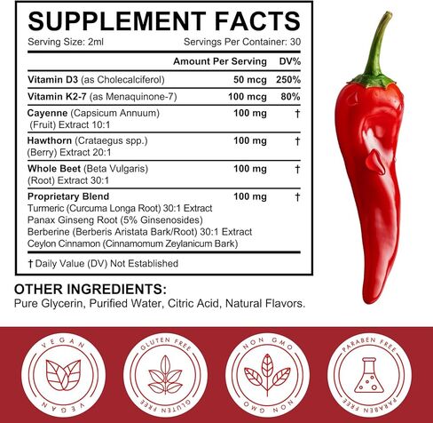 Cayenne Pepper Drops, Liquid Cayenne Pepper Organic, Cayenne Health Supplements, Cayenne Pepper Hawthorn Beet Root Turmeric Curcumin, Vitamin K2 & D3, Vegan-Friendly- 2 Fl Oz in Kuwait