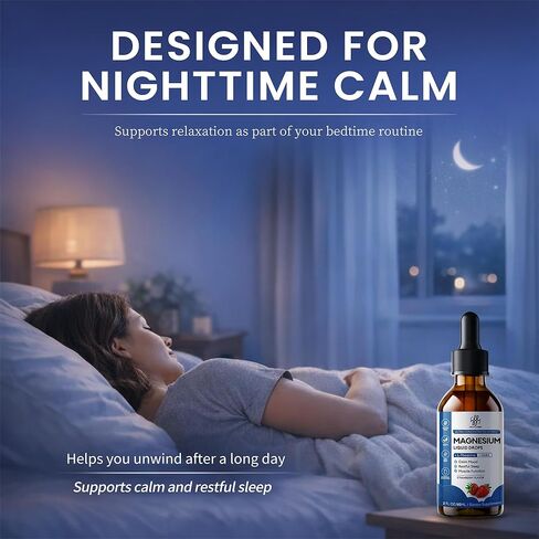 Liquid Magnesium Glycinate Drops for Sleep Support & Nighttime Calm,Magnesium Drops with Chamomile, Ashwagandha, L-Theanine & GABA for Relaxation Support, Gentle Absorption, Strawberry Flavor, 2 Fl Oz in Kuwait