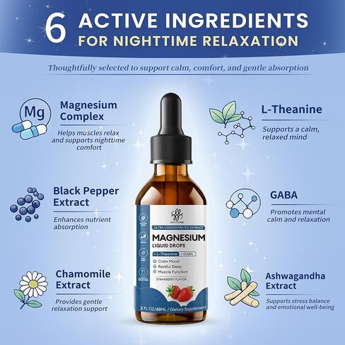 Liquid Magnesium Glycinate Drops for Sleep Support & Nighttime Calm,Magnesium Drops with Chamomile, Ashwagandha, L-Theanine & GABA for Relaxation Support, Gentle Absorption, Strawberry Flavor, 2 Fl Oz in Kuwait