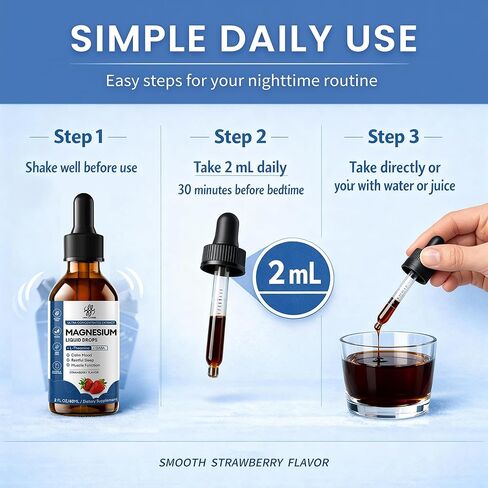 Liquid Magnesium Glycinate Drops for Sleep Support & Nighttime Calm,Magnesium Drops with Chamomile, Ashwagandha, L-Theanine & GABA for Relaxation Support, Gentle Absorption, Strawberry Flavor, 2 Fl Oz in Kuwait