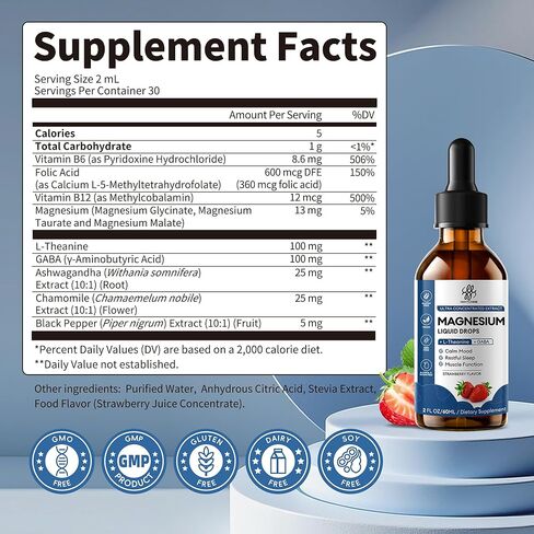 Liquid Magnesium Glycinate Drops for Sleep Support & Nighttime Calm,Magnesium Drops with Chamomile, Ashwagandha, L-Theanine & GABA for Relaxation Support, Gentle Absorption, Strawberry Flavor, 2 Fl Oz in Kuwait