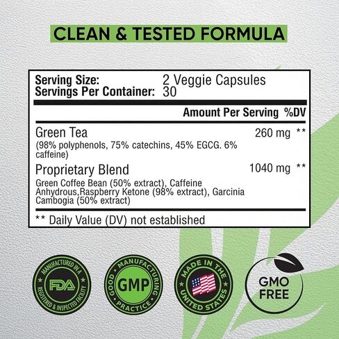 حبوب الشاي الأخضر لإنقاص الوزن للنساء وحرق الدهون للرجال، GLP-1 مكمل لإنقاص الوزن مع حبوب القهوة الخضراء وكيتونات التوت، مثبط الشهية ومعزز لعملية التمثيل الغذائي - 60 كبسولة. in Kuwait